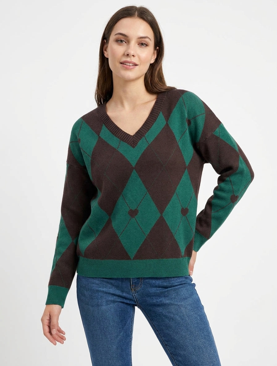 Maglione a collo a V con motivo a quadri e cuore - Marrone/verde scuro