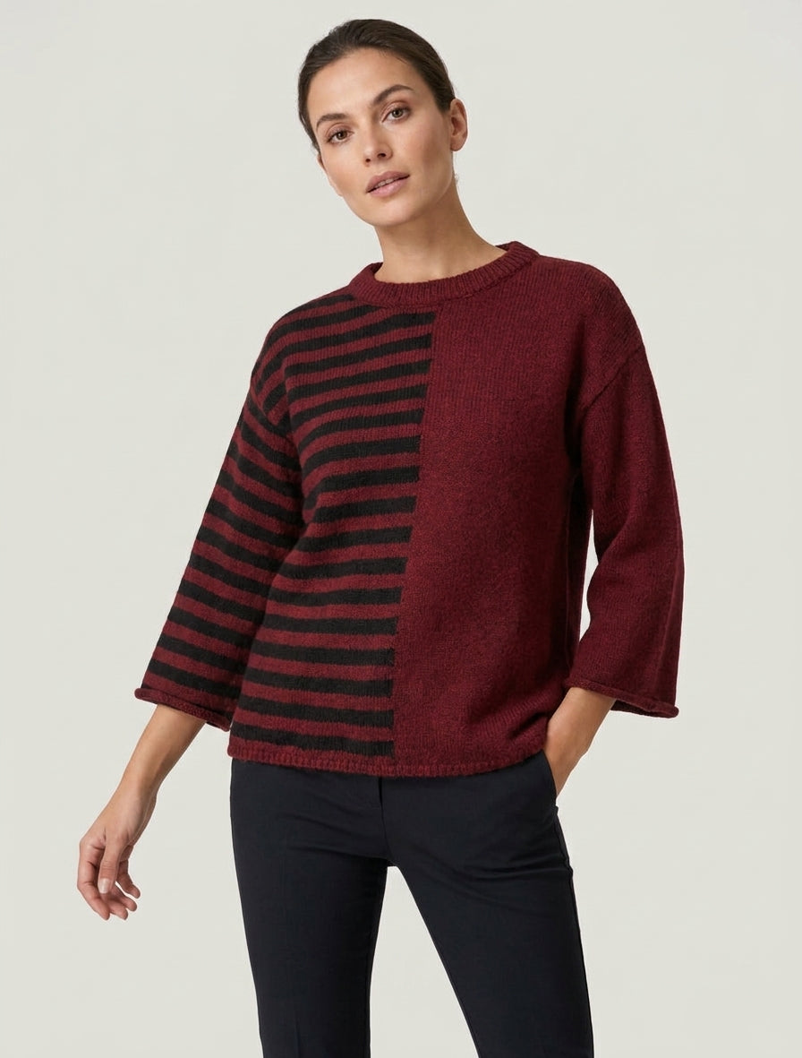 Maglione in misto mohair a righe con collo rotondo - Bordeaux