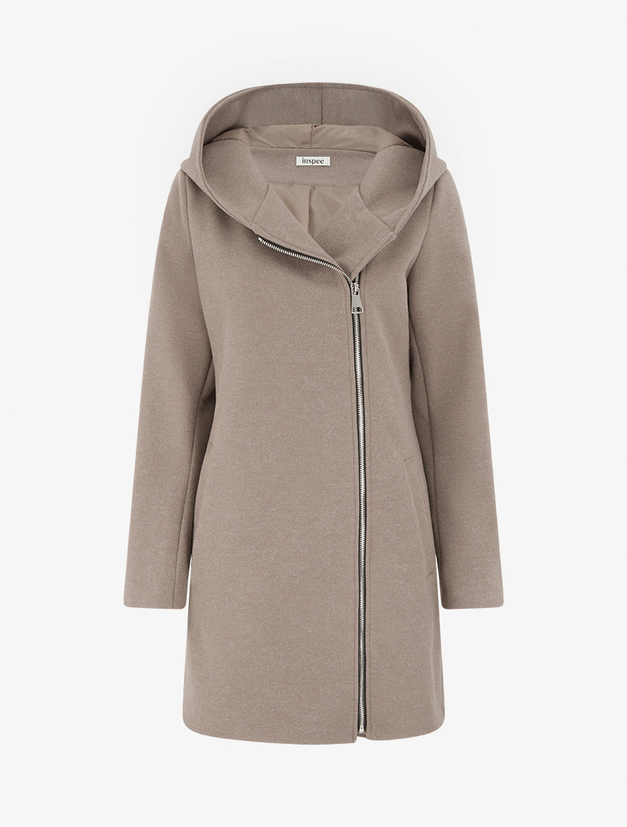Manteau feutré à capuche et zip asymétrique - Taupe clair - 1