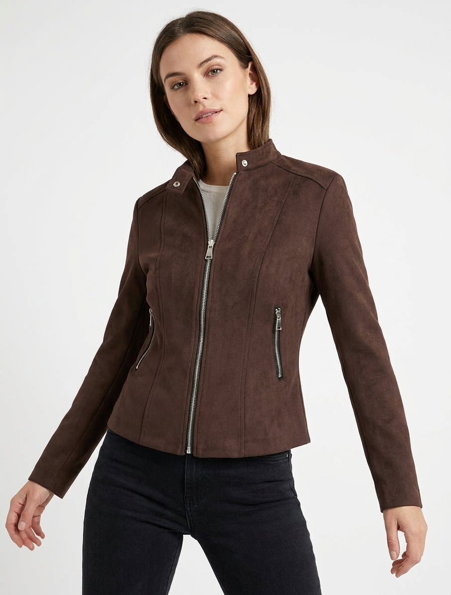 Giacca in camoscio con collo alto e zip - Marrone