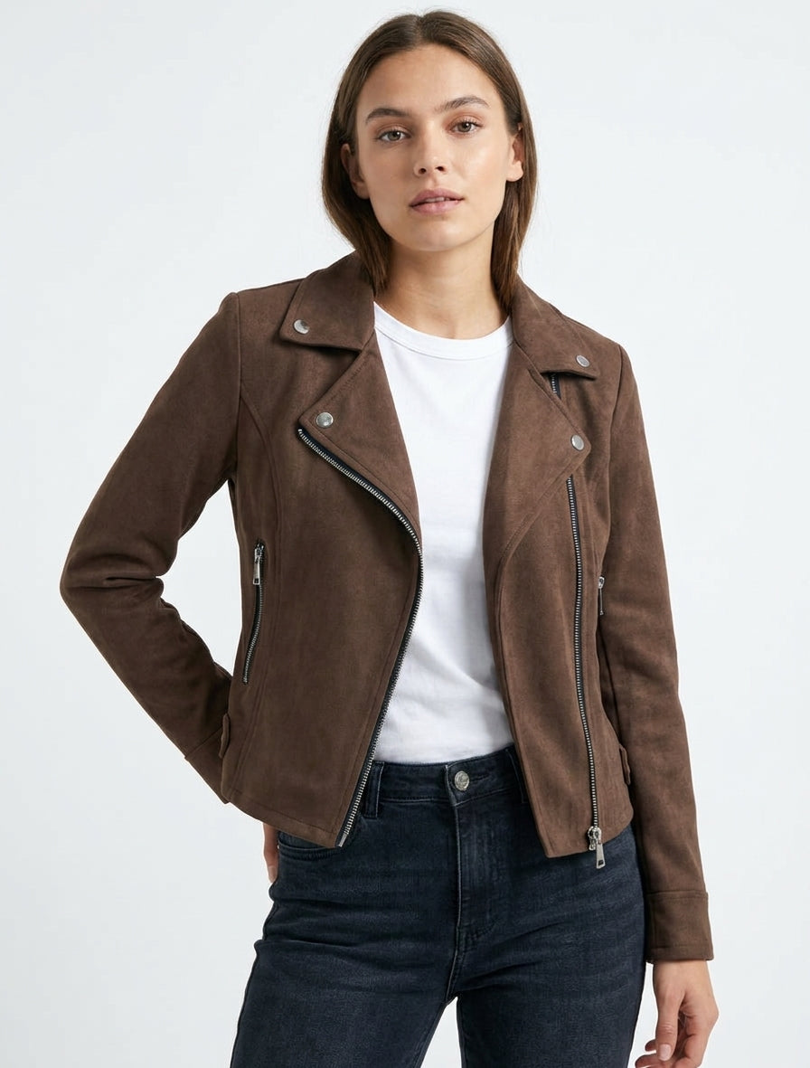 Giacca in suede con chiusura a zip - Marrone