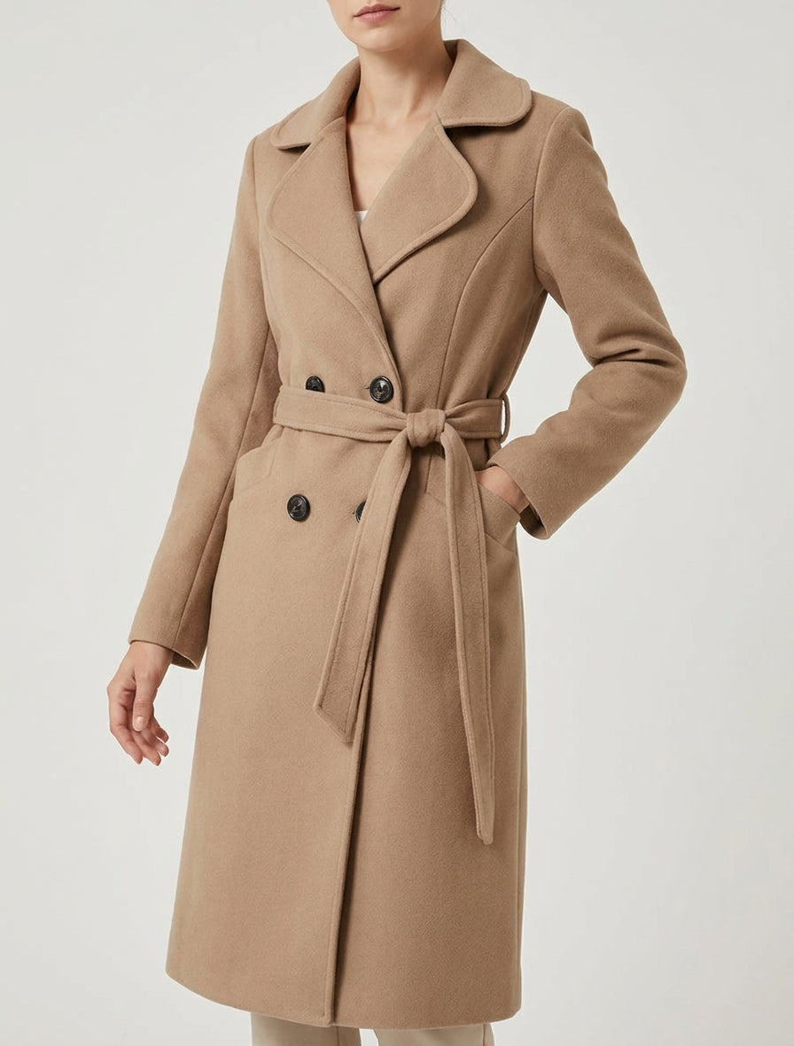 Cappotto lungo doppiopetto in misto lana - Chameau