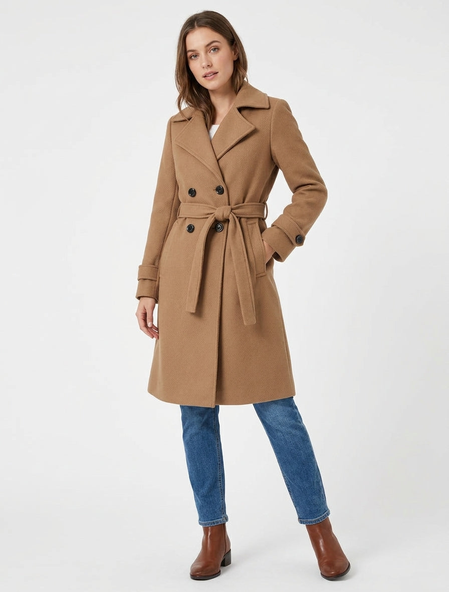 Cappotto dritto semplice con cintura - Chameau