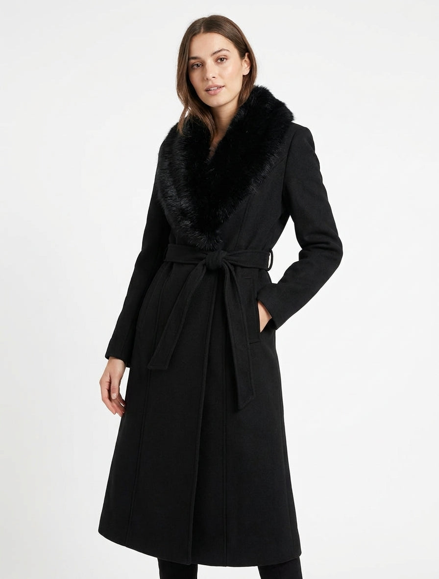 Cappotto con collo in pelliccia sintetica rimovibile - Nero