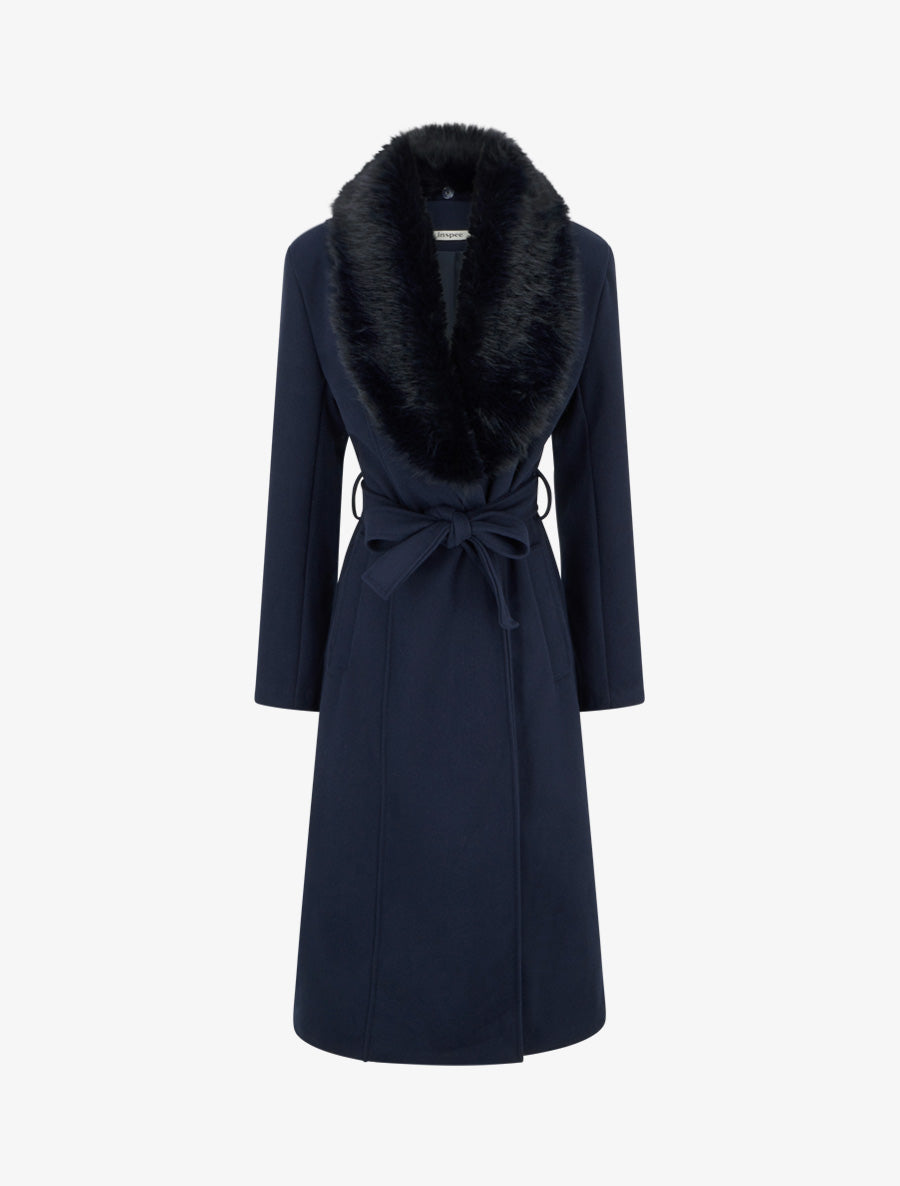 Manteau à col en fourrure synthétique amovible - Marine - 1