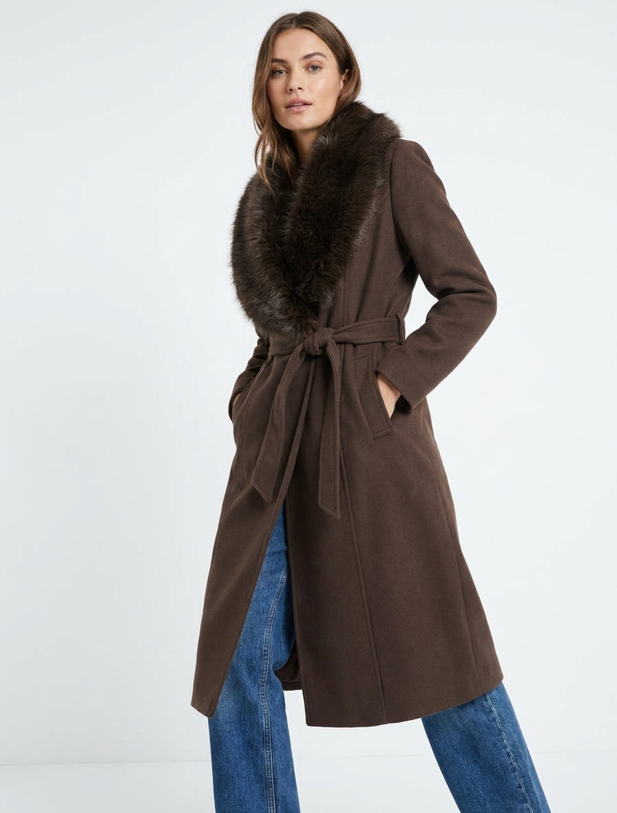 Cappotto con collo in pelliccia sintetica rimovibile - Marrone