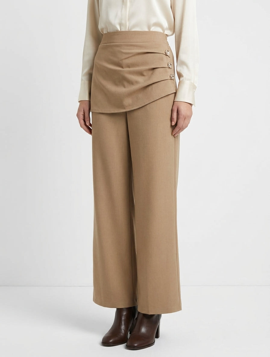 Pantaloni ampi a vita alta e drappeggiati - Camello chiaro