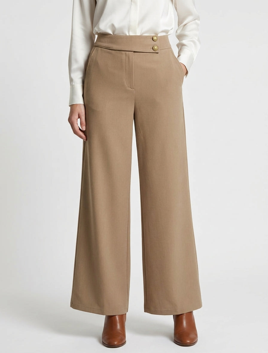 Pantaloni ampi a vita alta con elastico - Camello chiaro