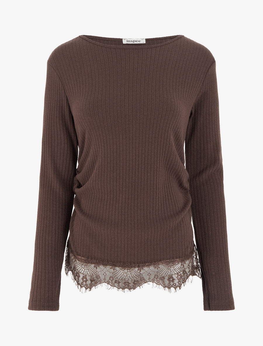 Pull côtelé bas dentelle et côtés froncés - Marron - 1