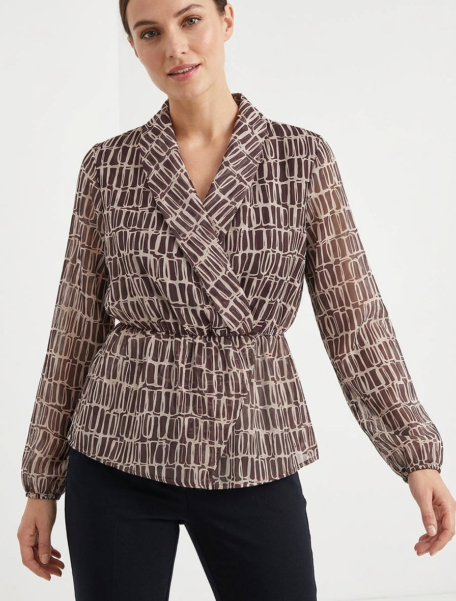 Blusa stampata con scollo a portafoglio - Marrone