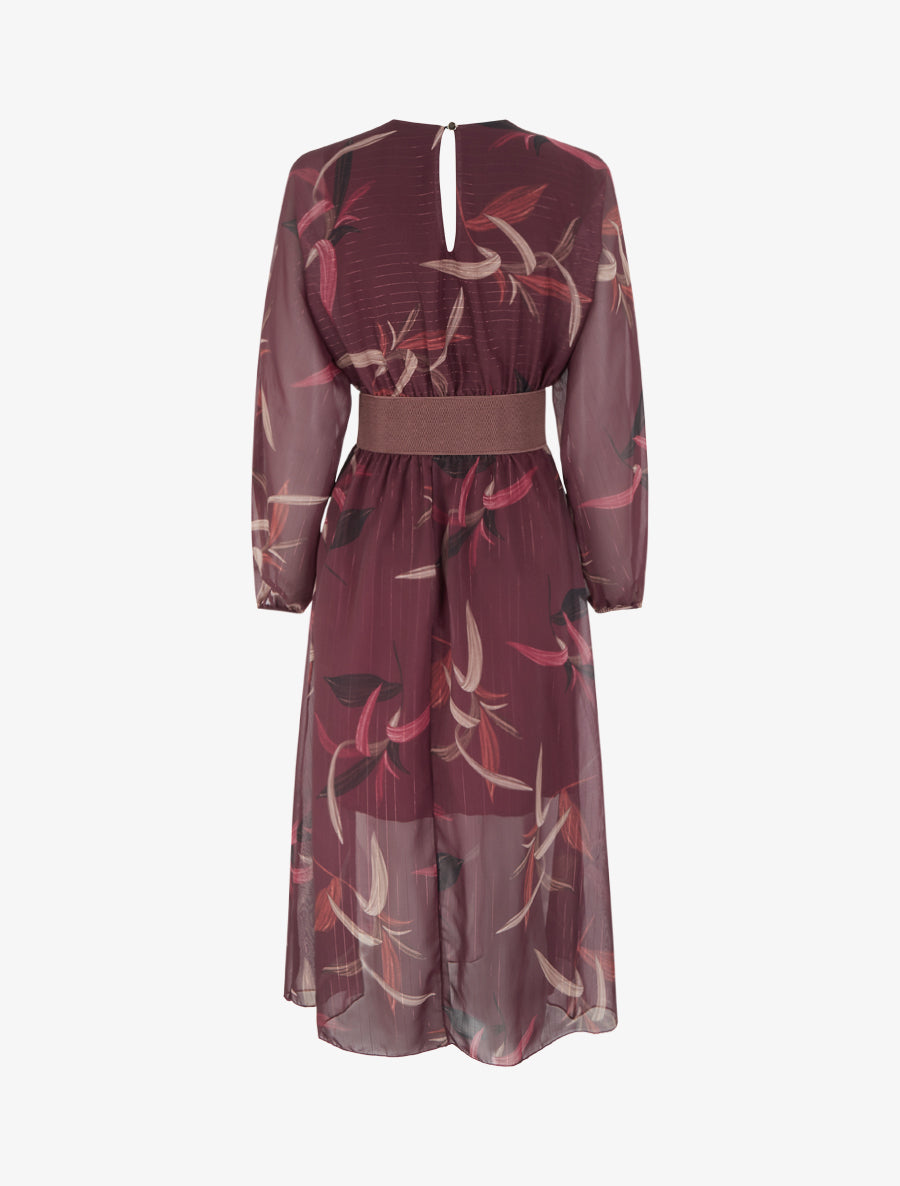 Robe longue imprimé feuilles à rayures irisées - Lie de vin - 2