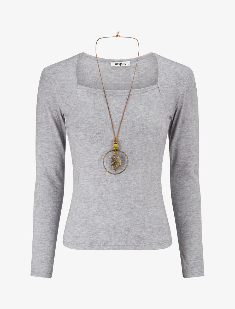 Pull fin à col carré - Gris clair - 1