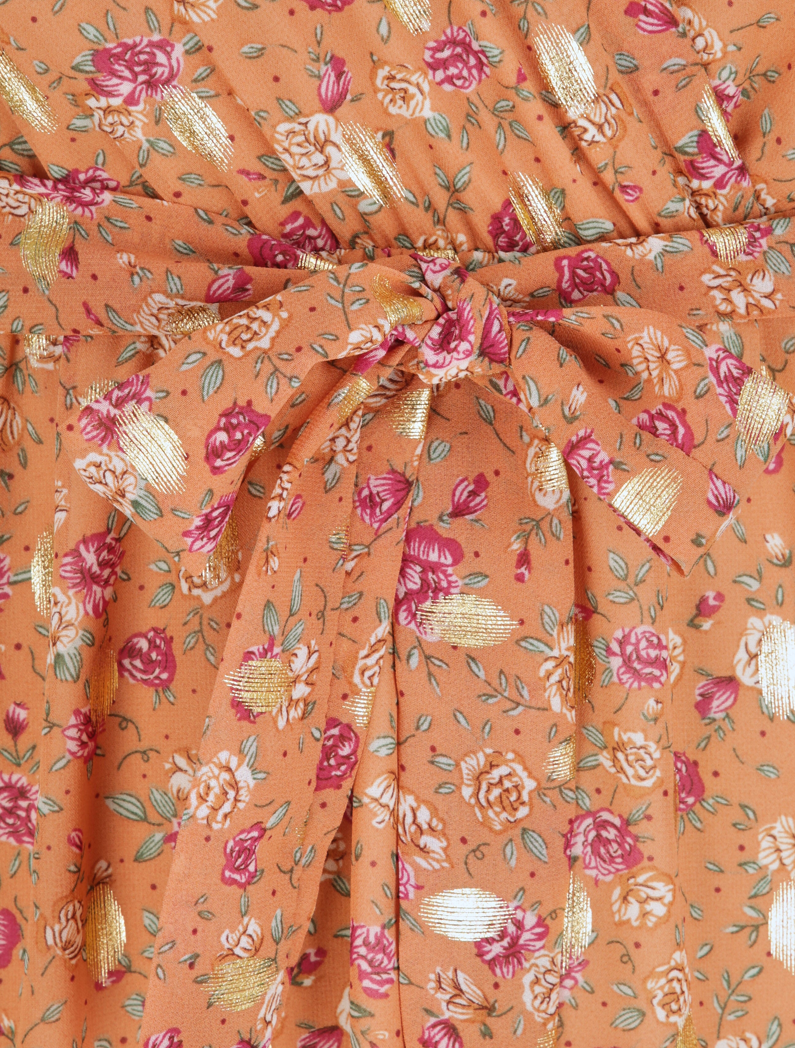 Robe longue cintrée imprimé roses irisées - Orange - 3