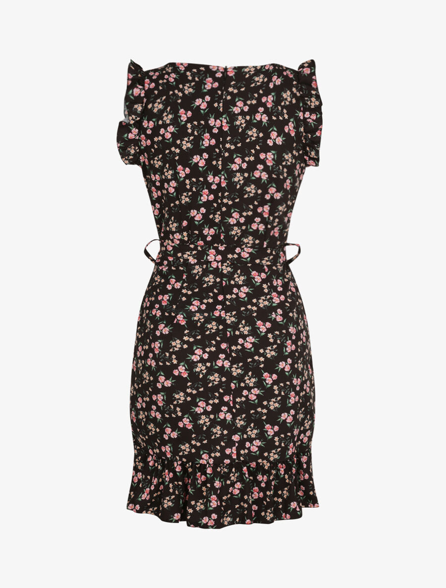 Robe imprimé fleurs des champs à bords volantées style portefeuille - Noir - 2