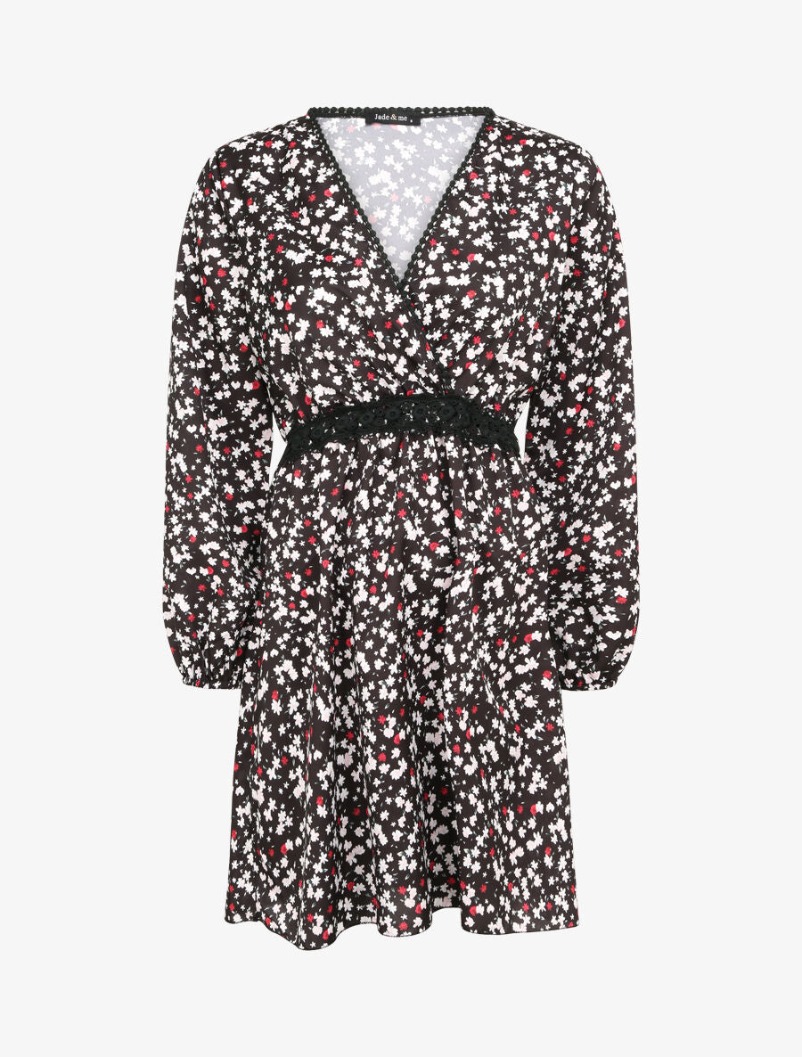 Robe imprimé fleurs de cerisier à détail crochet - Noir - 4