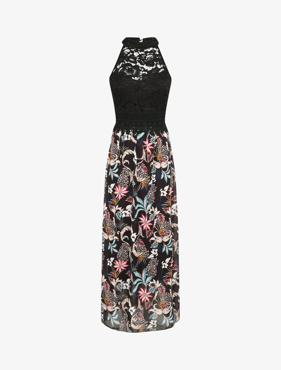 Robe longue imprimé fleurs baroques et buste en dentelle - Noir - 4