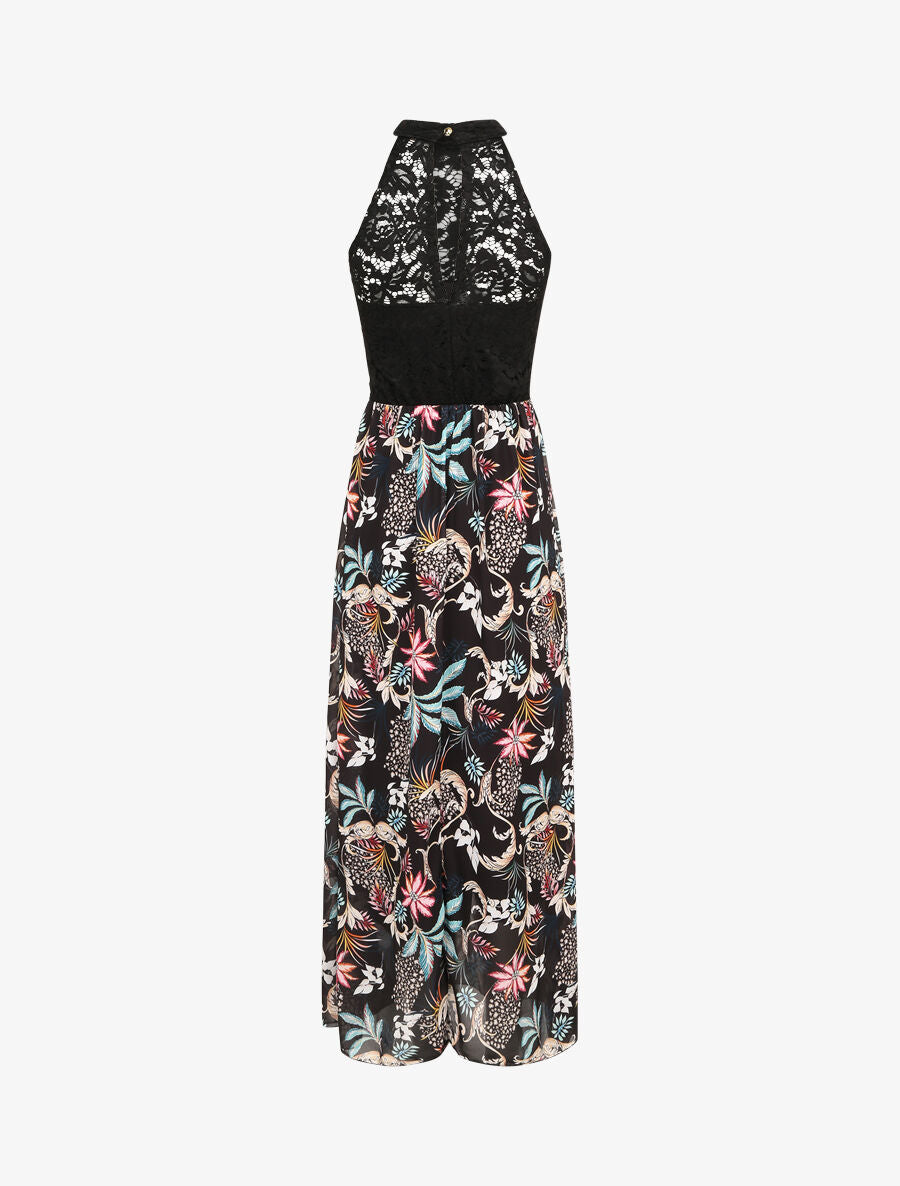 Robe longue imprimé fleurs baroques et buste en dentelle - Noir - 2