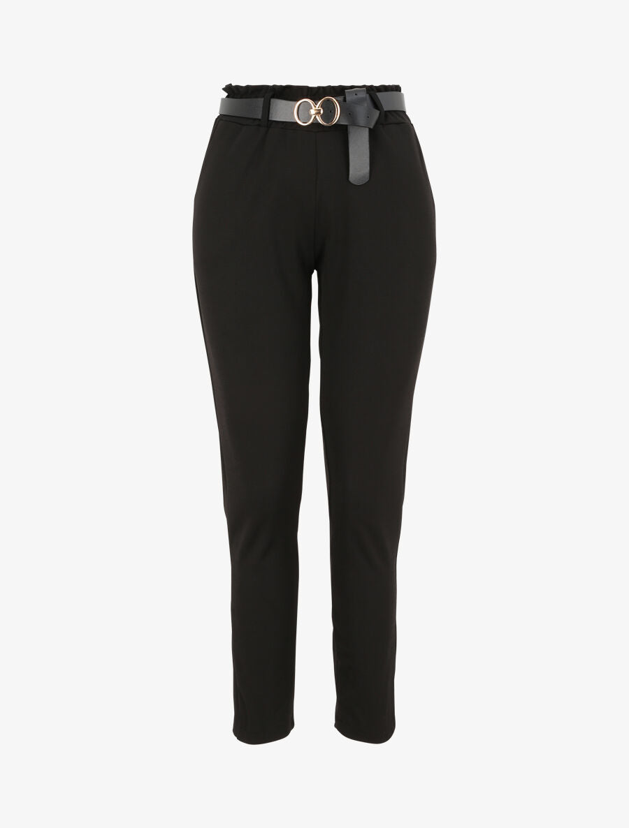 Pantalon droit uni à taille haute froncée - Noir - 1