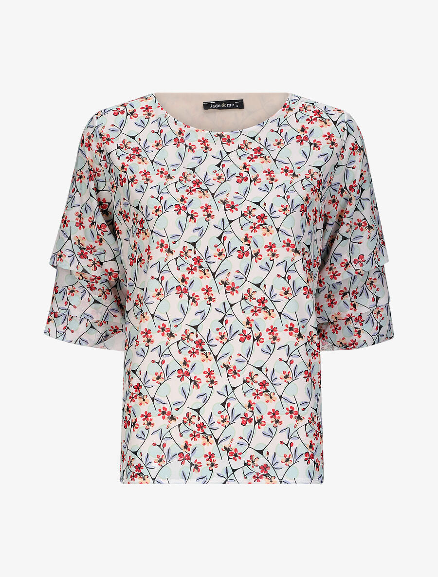 Top droit à manches volantées imprimé fleurs et pois - Beige - 1