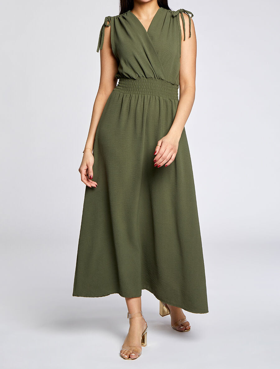 Robe longue cache-coeur à taille élastiquée - Kaki - 4