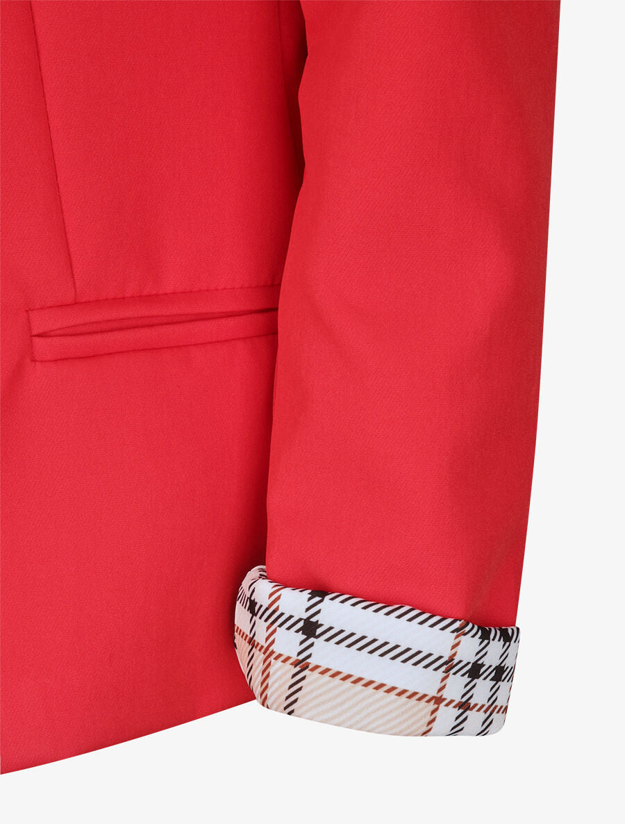 Veste droite unie manches longues à revers carreaux - Rouge - 3