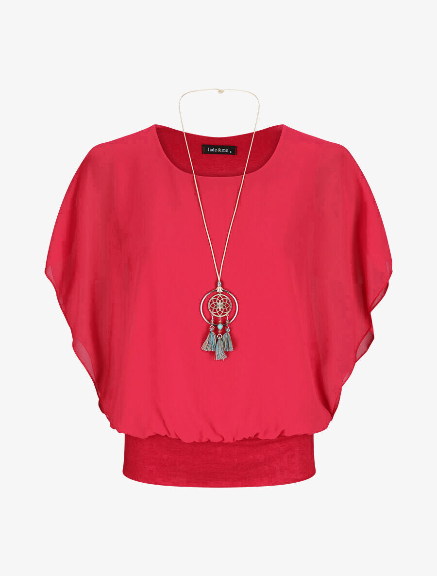 Top boule uni manches courtes chauve-souris - Framboise - 5