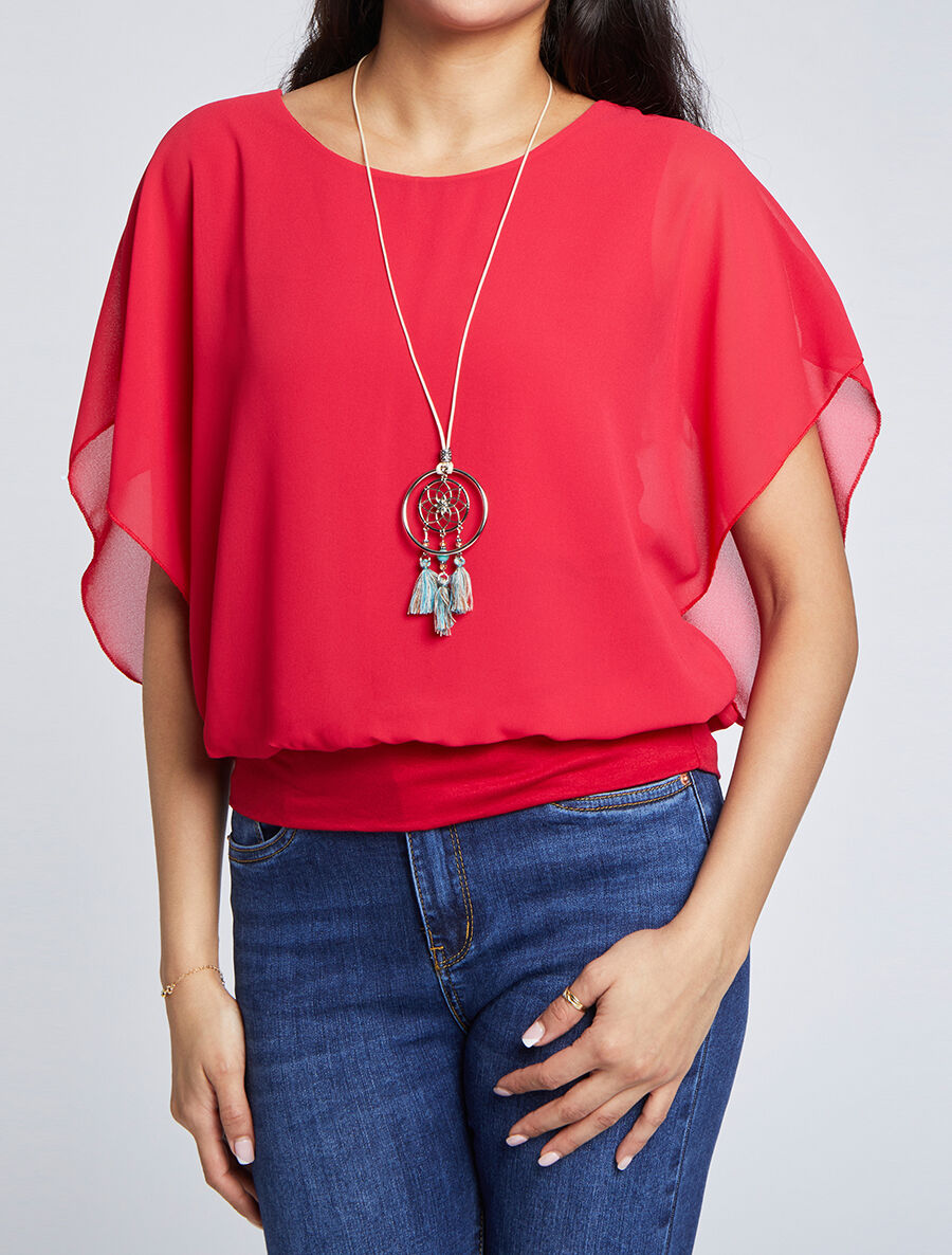 Top boule uni manches courtes chauve-souris - Framboise - 1