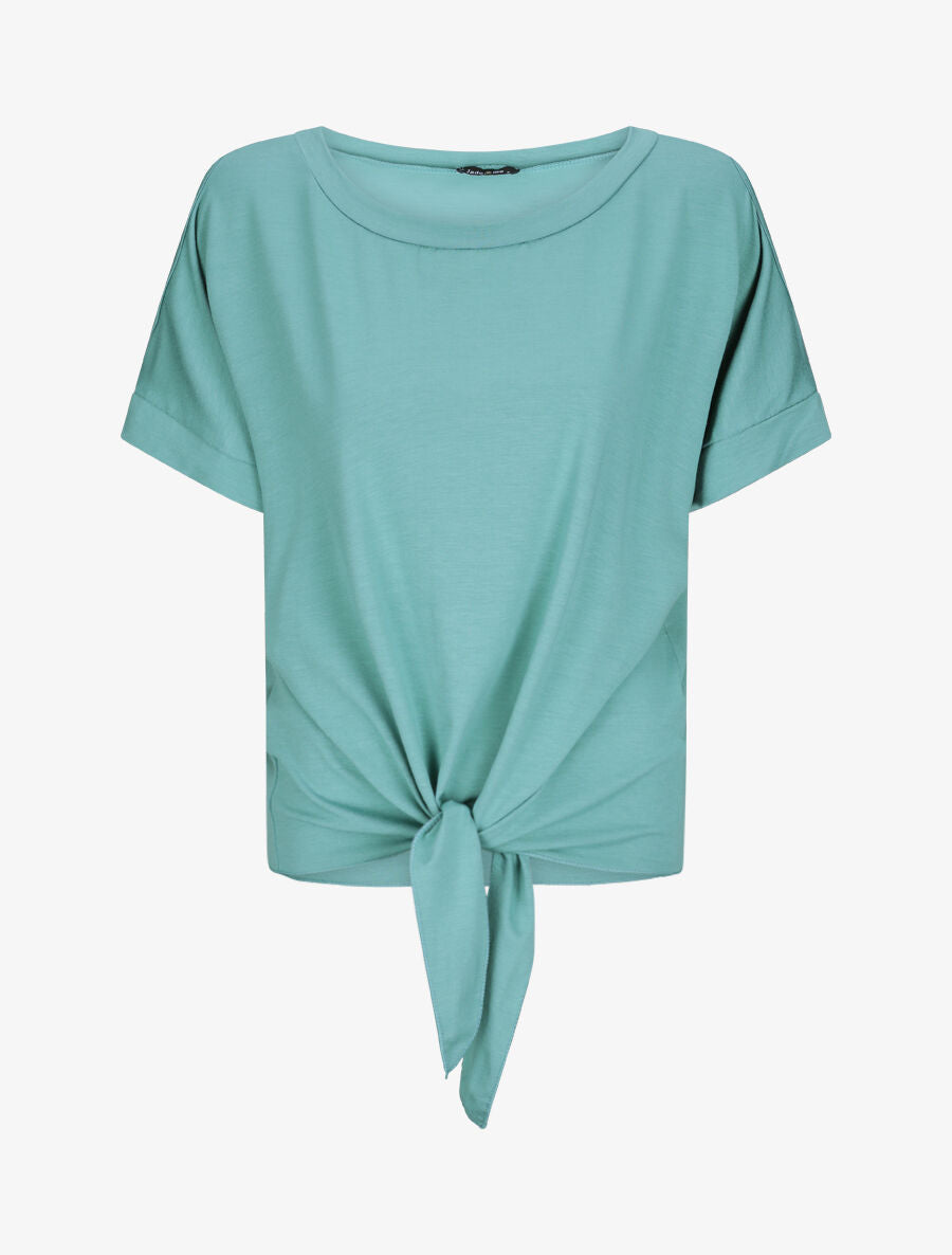 Top oversize uni à épaules ajourées - Bleu lagon - 1
