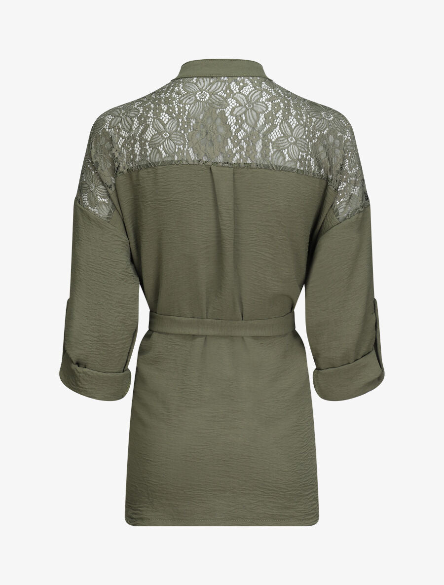Tunique style chemise à détail dentelle - Kaki - 2