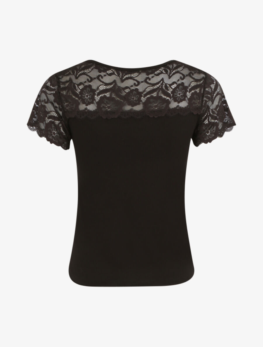 T-shirt ajusté à épaules en dentelle - Noir - 2