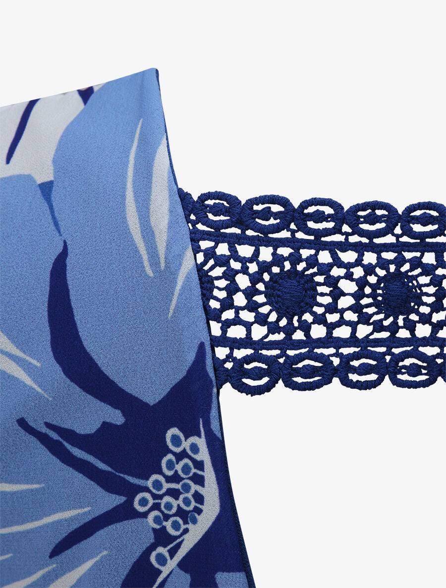 Top en voile à dos ajouré et imprimé grandes fleurs - Bleu - 3