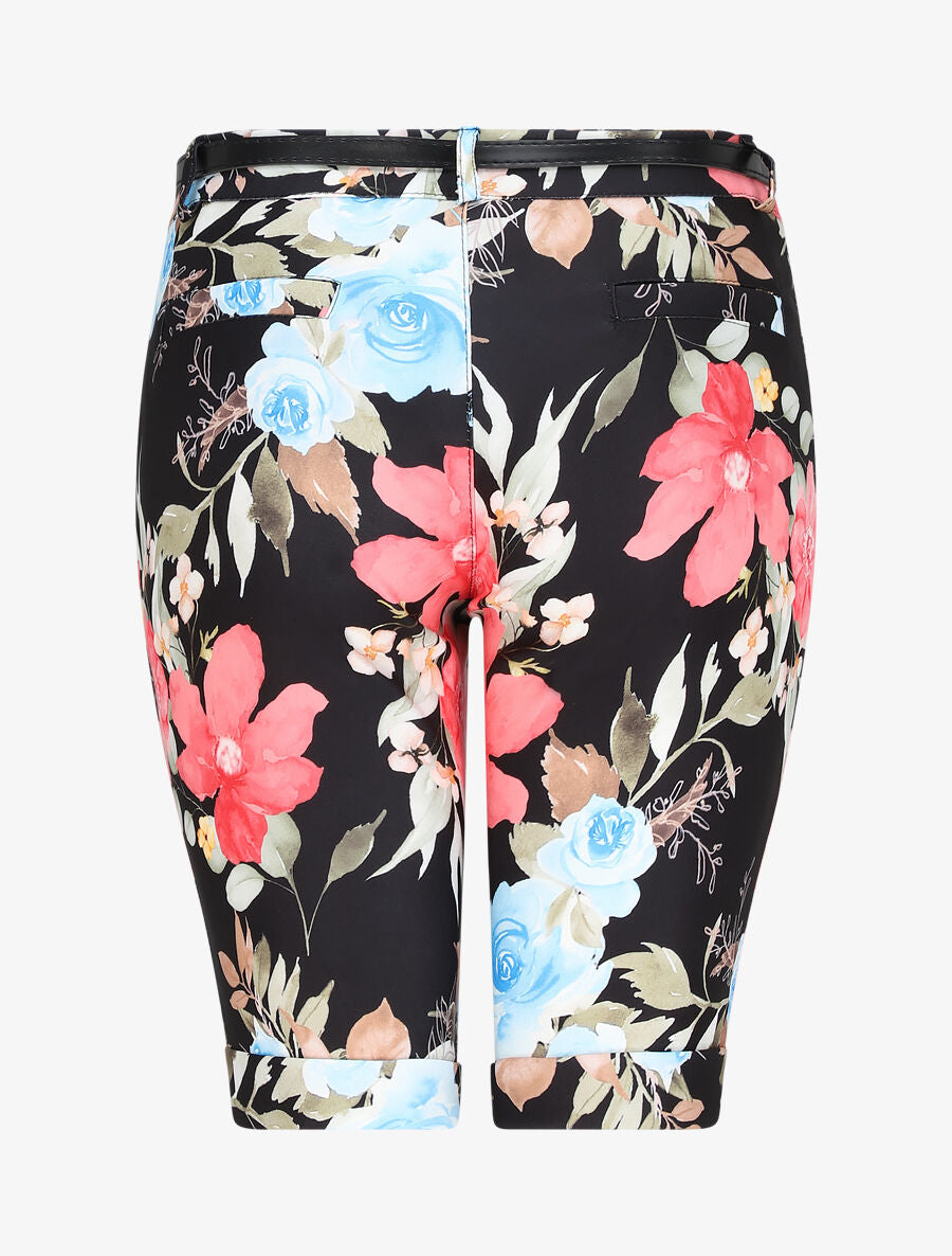 Bermuda à ourlets imprimé roses - Noir - 2