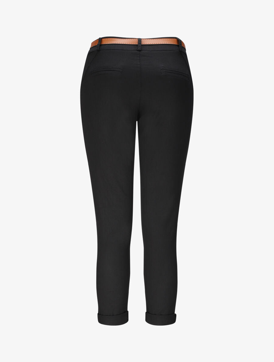 Pantalon chino taille haute uni en coton mélangé - Noir - 2