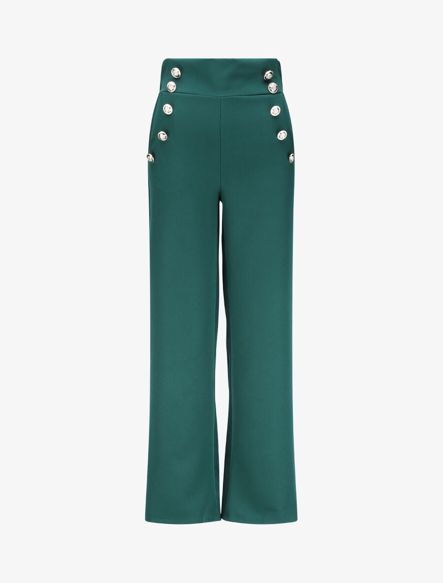 Pantalon droit à boutons et taille stylisés - Vert sapin - 1