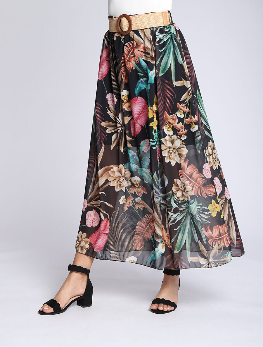Jupe longue en voile imprimé fleurs tropicales - Noir - 4