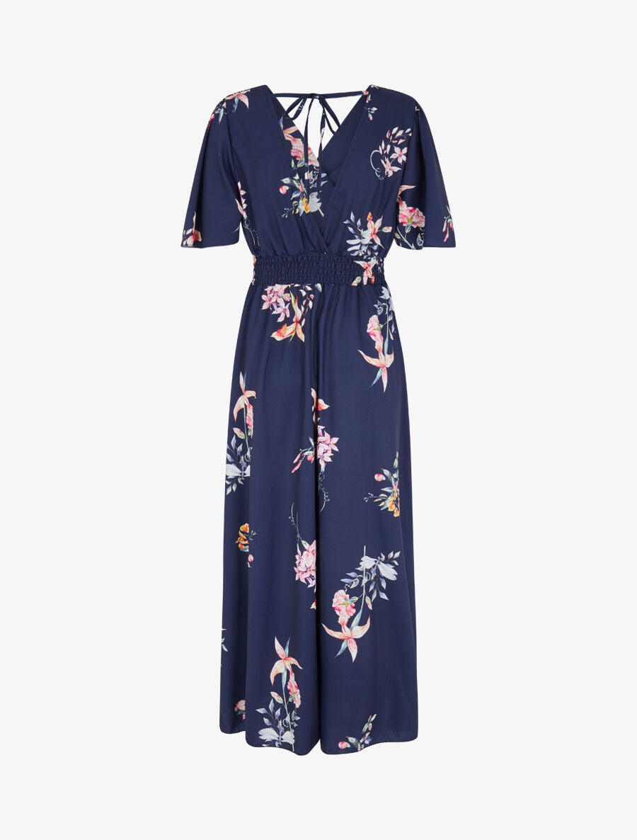 Robe longue imprimé fleurs de printemps à manches papillon - Marine - 2