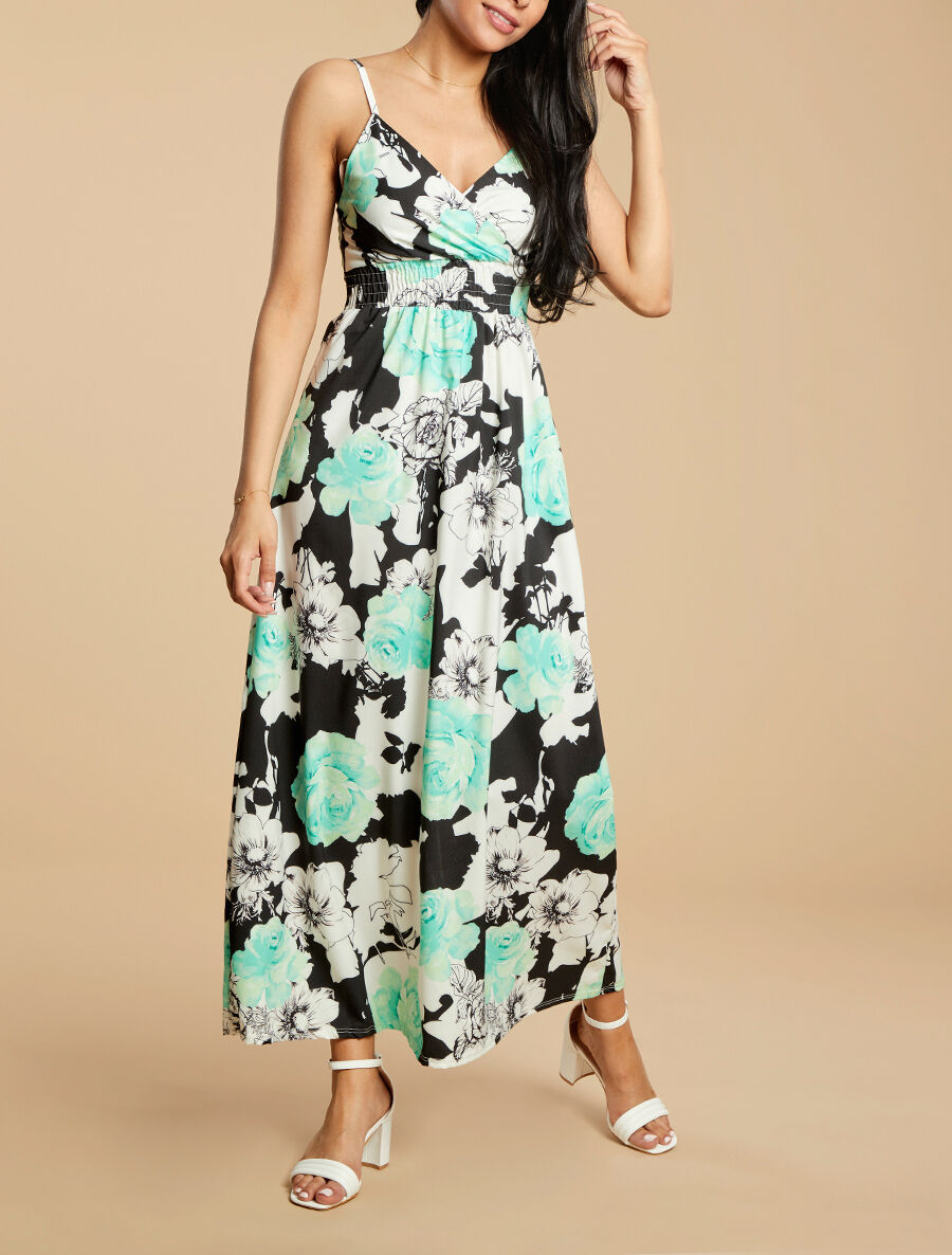 Robe longue à imprimé grandes roses - Vert d&