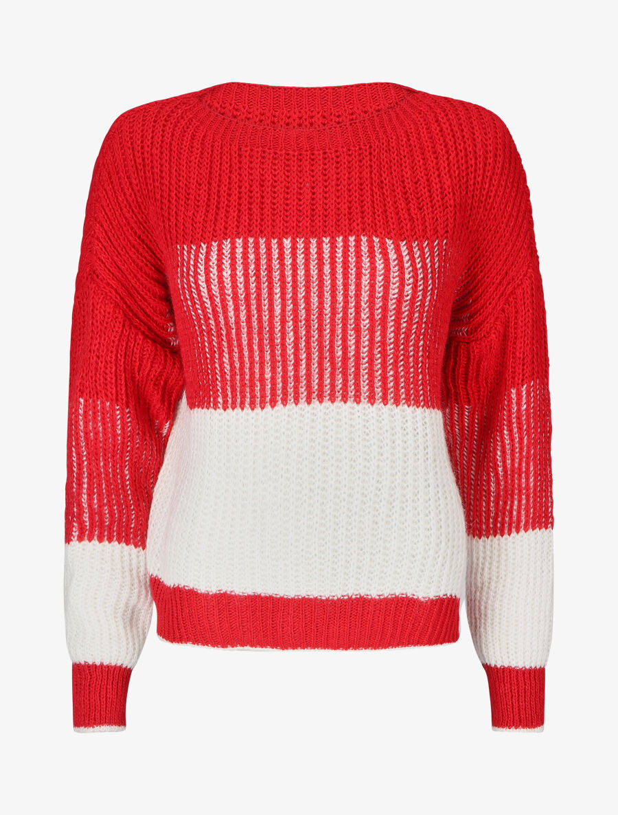 Pull en grosse maille bicolore - Rouge - 4