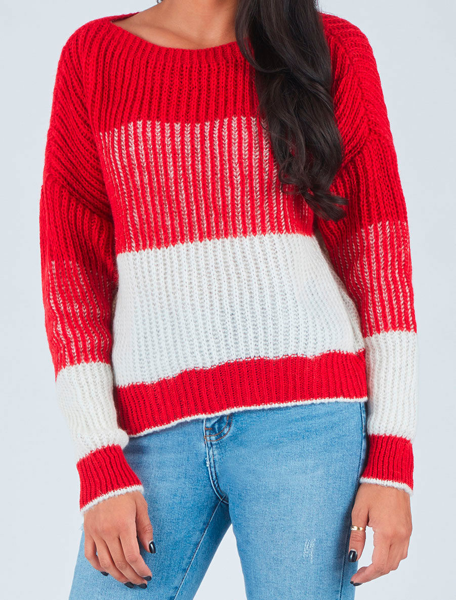 Pull en grosse maille bicolore - Rouge - 3