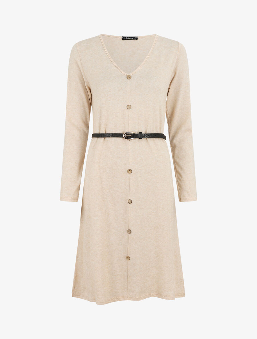 Robe pull mi-longue boutonnée - Beige - 1