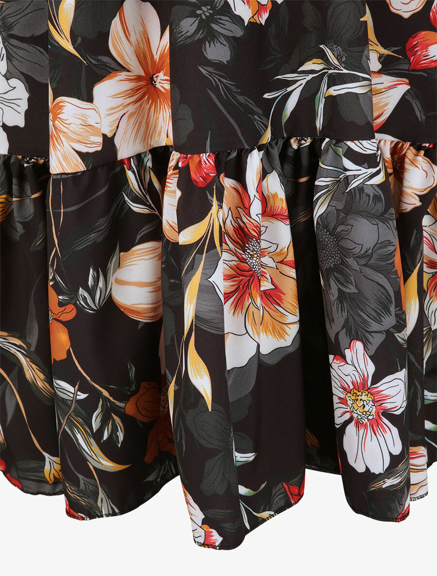 Robe patineuse mi-longue imprimé fleurs tropicales - Noir - 4