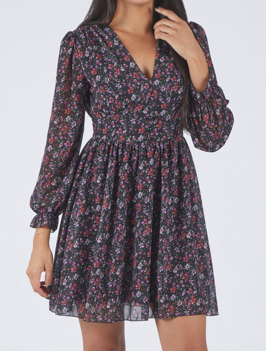 Robe courte patineuse à fleurs - Noir - 4