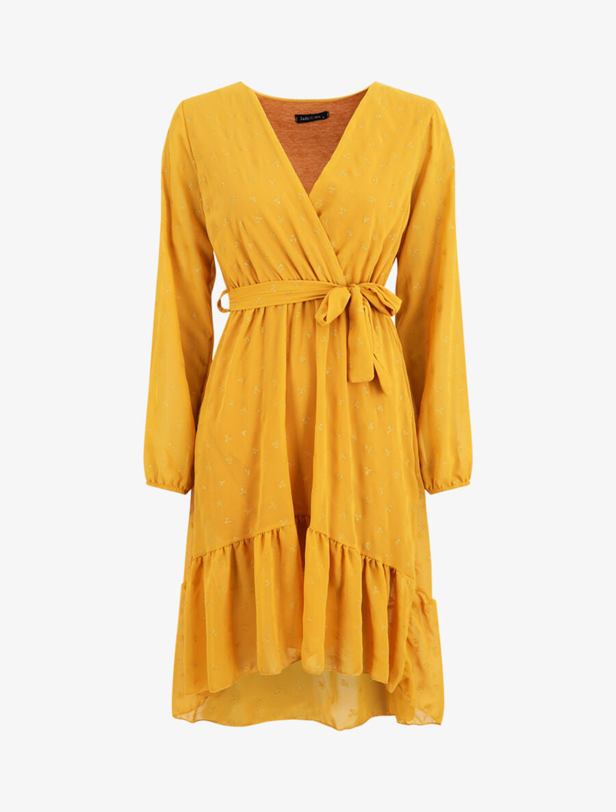 Robe élastiquée imprimée feuilles irisées - Jaune - 1