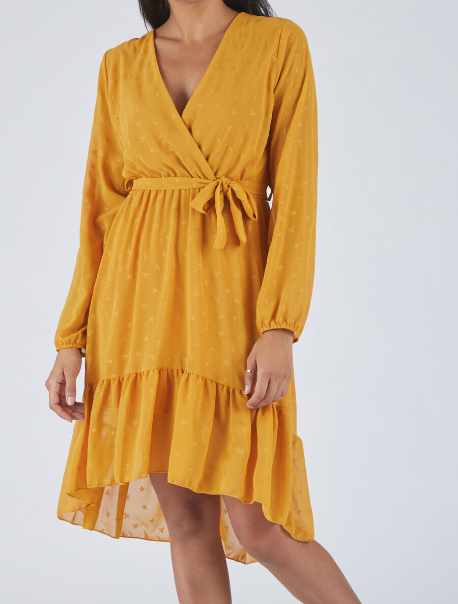 Robe élastiquée imprimée feuilles irisées - Jaune - 4