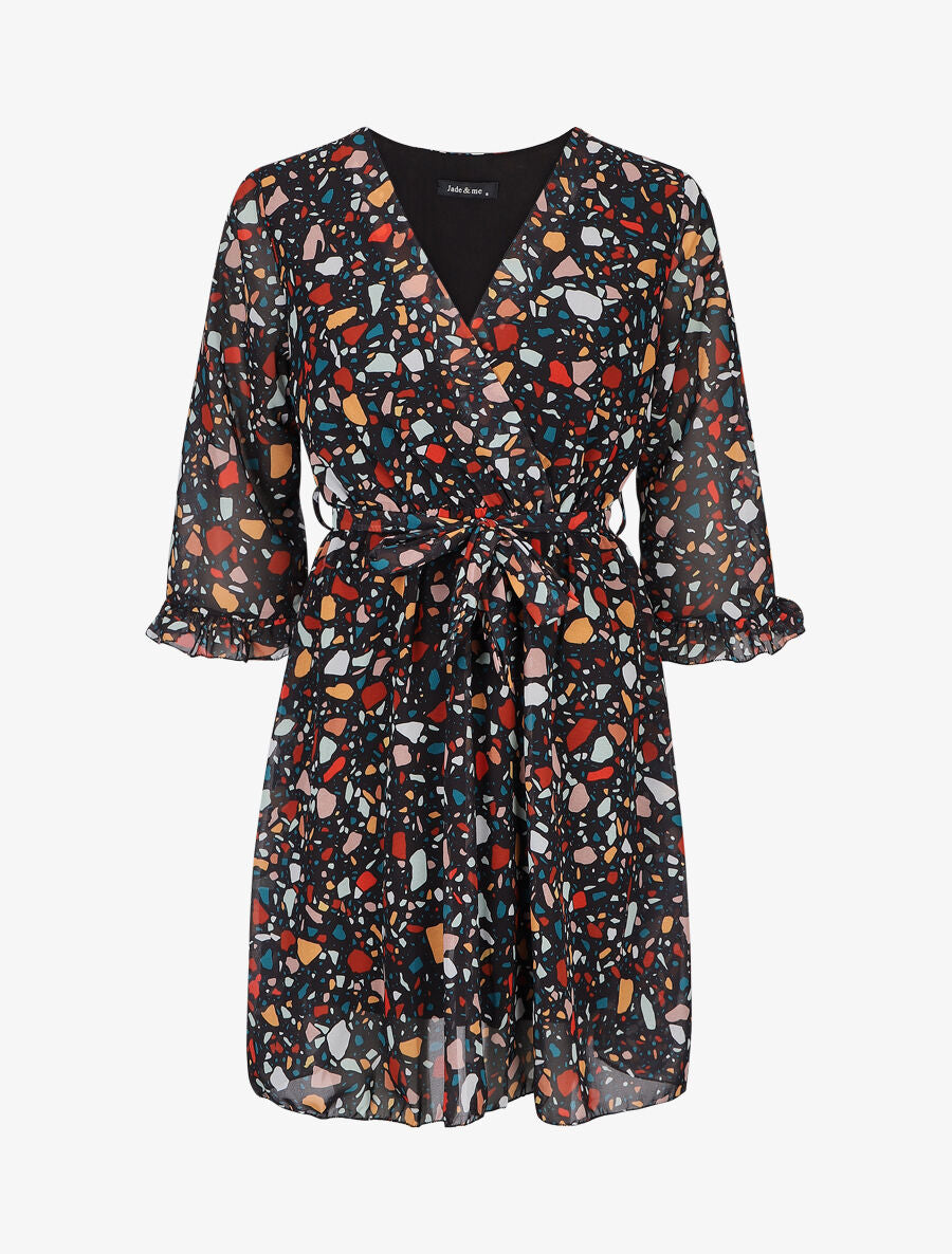 Robe cache-coeur à manches transparentes imprimé graphique - Noir - 1