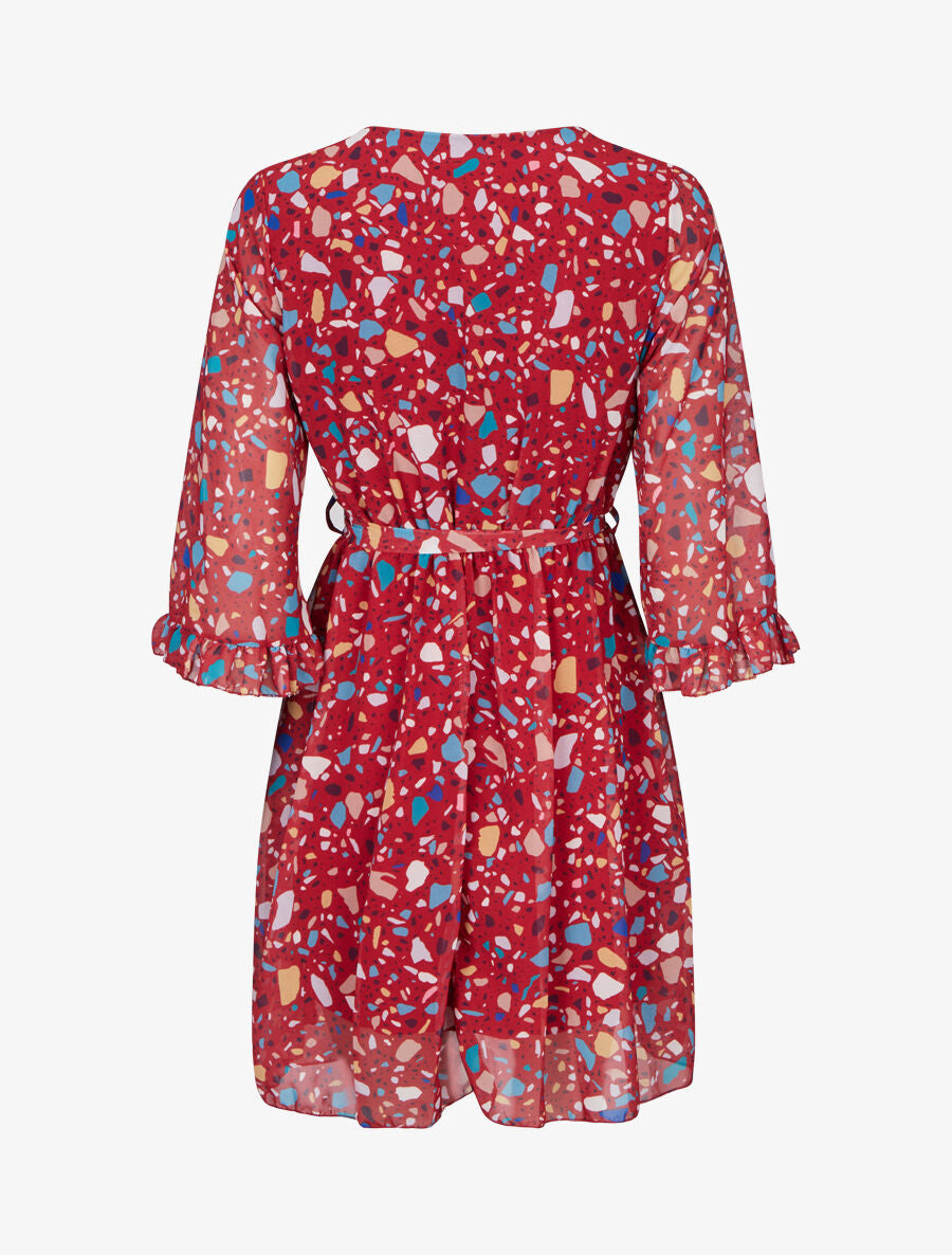 Robe cache-coeur à manches transparentes imprimé graphique - Rouge - 2