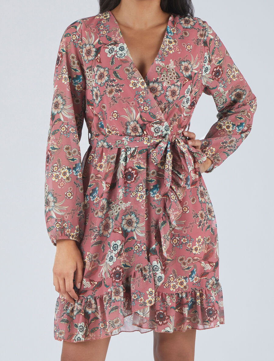 Robe à volants imprimé fleurs baroques - Vieux rose - 4