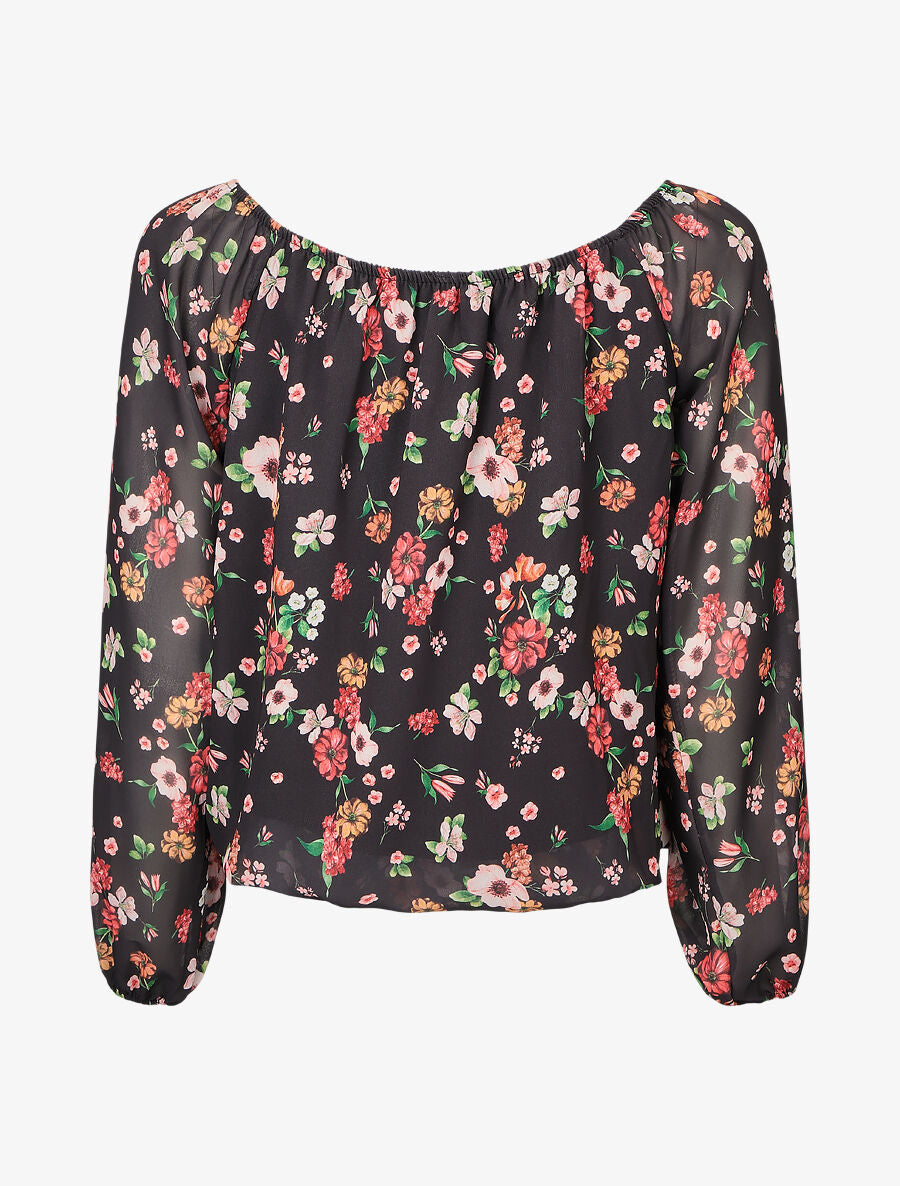 Blouse imprimé fleuri à manches transparentes - Noir - 2
