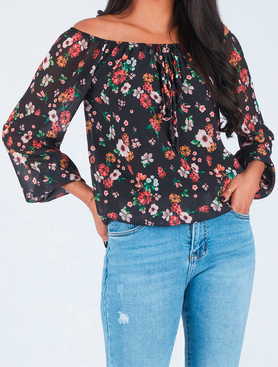 Blouse imprimé fleuri à manches transparentes - Noir - 4