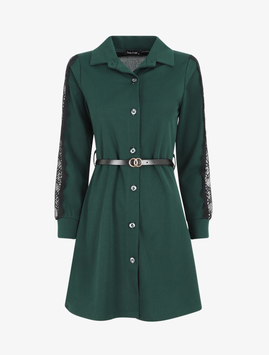 Robe chemise à manches dentelle - Vert foncé - 5